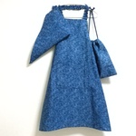 ☆7月31日まで大特価１セットのみ☆ 160cm デニム風プリント（ブルー）マジックテープ付 キッズエプロン・三角巾・巾着袋セット 