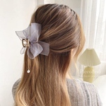バンスクリップ (グレー) オーガンジー リボン パール 上品 ヘアアクセサリー 