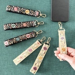 インド刺繍リボン ハンドストラップ スマホストラップ ショートストラップ アイボリー&ブラック