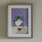絵画。原画【テーブルの上のワインとかわいい猫】