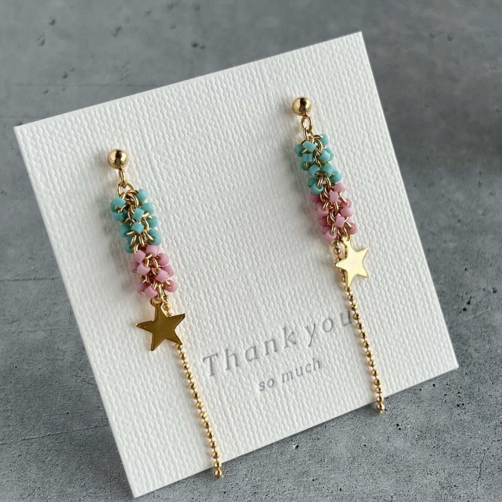 【729】ガラス バイカラー ピンク ブルー ハンドメイド ピアス イヤリング バイカラービーズリンクラインピアス orイヤリング】ブルー×ピンク