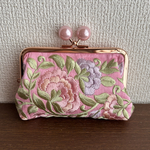 がま口カードケース　インド刺繍リボン　シルクフラワーピンク【G-94】