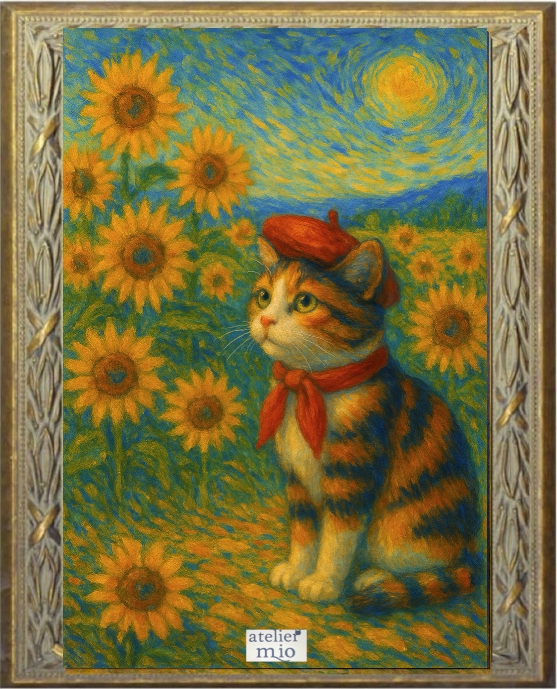 ひまわりと猫』〜ゴッホ風オマージュ作品〜【A4プリントアート】【AI