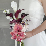 ピーチバーガンディ胡蝶蘭♪アームブーケ ウェディングブーケ  アーティフィシャルフラワー ブートニア付き 韓国ブーケ 造花 造花ブーケ 花束