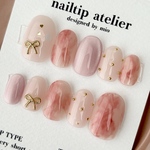 大人かわいい ピンク ハート リボン ネイルチップ｜くすみピンク　ニュアンス　マーブル　ハートホロ　マグネット　ドットネイル　ガーリー　フェミニン　ブライダル　結婚式（サイズオーダー）No.9