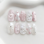 ネイルチップ ピンクネイル マグネット リボン ハート ガーリー 韓国ネイル キラキラネイル グミシール付き