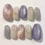 No.83 紫陽花×天然石ネイルチップ　マグネット　ニュアンス　紫　ピンク　アイボリー　アジサイネイル　うるうる　つやつや　淡色ネイル　オケージョン　お呼ばれ　オフィス　つけ爪　付け爪　オーダーメイド