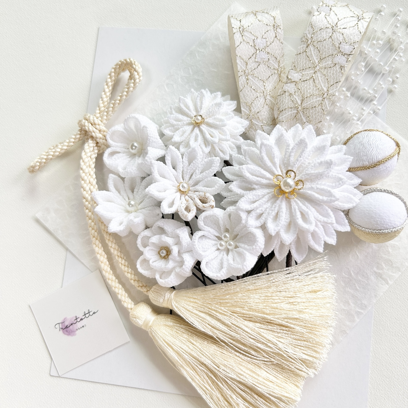 髪飾り【つまみ細工ドライフラワー】白無垢/コットンパール ［和装