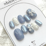 ᴺᴱᵂ No.16 pearl blue & ribbon♡ つや感ブルーのネイルチップ