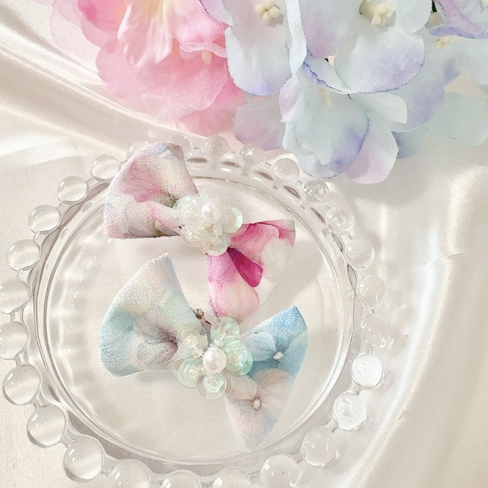 リボンヘアピン 紫陽花 髪飾り 3本セット Uピン 紫陽花 浴衣 和装 着物 ハイドレンジア