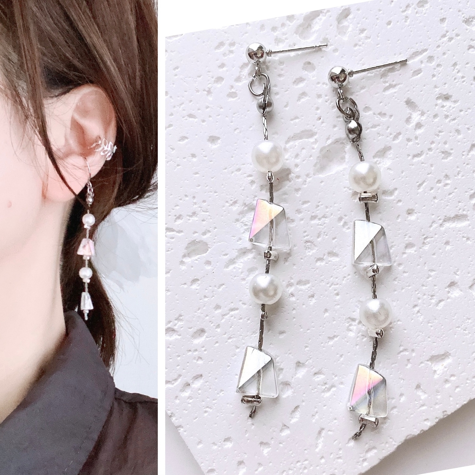 イヤカフ / ピアス / イヤーカフ ガラス パール 揺れる ロング ピアス 