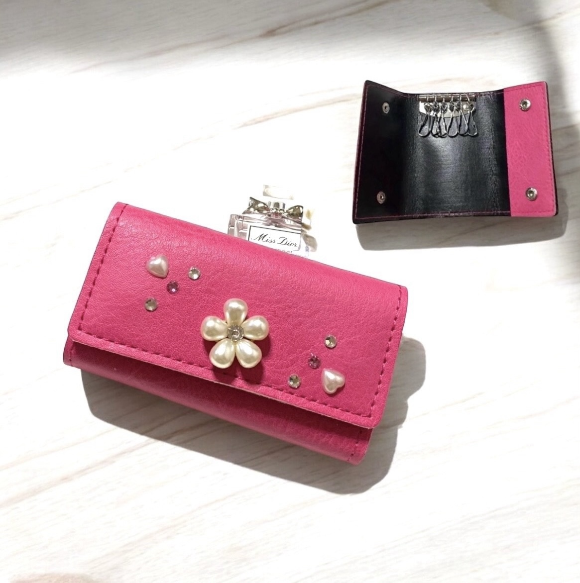 本皮キーケース　アザレアピンク　ハンドメイド スマートキーケース 桜 サクラ 和柄 メンズ レディース 革