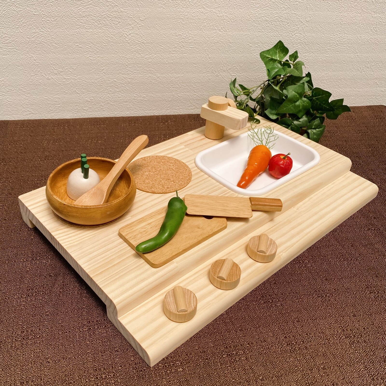 ナチュラル色♪シングルtype☆キッズデスク＆おままごとキッチン