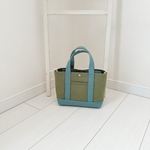 【S】オリーブ×アイスブルー　内ポケット、ボトルホルダー、フタ付き8号帆布トートバッグ　スタンダードSサイズ