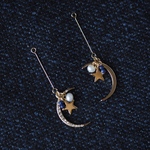月×星＊ラピスラズリ×淡水パールのアシンメトリーロングピアス／イヤリング【チタン･樹脂･K14gf･ノンホール･クリップ式･ネジバネ式･ニッケルフリー変更可】金属アレルギー対応 夜空