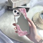 【No.75】ミラー付き ピンク オーロラニュアンスiPhoneケース