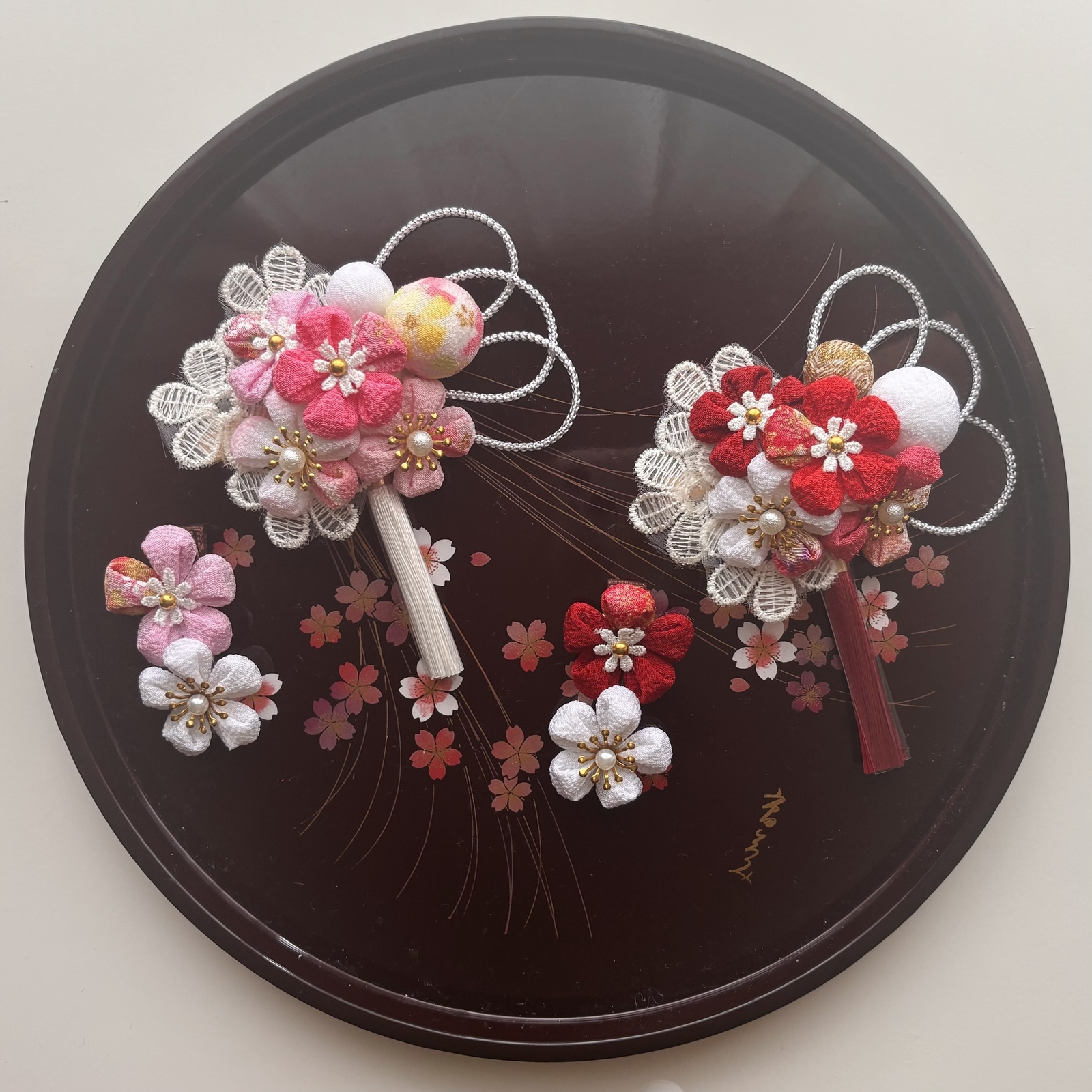 花とふわふわレースの髪飾り〜 つまみ細工 髪飾り 2点セット 七五三や