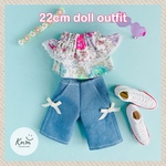 Liberty Felicite ネオンカラー オフショルダーブラウスとデニムハーフパンツのセット  22cmドールアウトフィット ドール服 