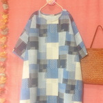 刺し子調パッチワーク模様 ゆったりワンピース　navy
