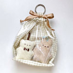 【ミント】前面クリアぬい巾着｜ポーチ ちびぬい はぴぬい  15cmぬい ぬいぐるみ ぬいポーチ 巾着袋 リボン コスメポーチ クリア くすみカラー 透明 PVC カラビナ 推し活