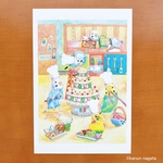 【透明水彩画・ポストカード】「こだわりのケーキ屋さん」2枚セット/イラスト　セキセイインコ　鳥　ケーキ