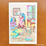 【ポストカード】「ワンピース、作ってるの」2枚セット/イラスト、セキセイインコ
