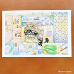 【透明水彩画・ポストカード】「ごはんの準備」2枚セット/イラスト　猫　セキセイインコ　鳥　キッチン