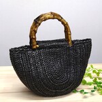 バンブー風ハンドルのかぎ針編みカゴバッグ【ブラック】