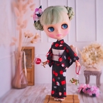 黒【りんご飴とシマエナガの浴衣セット】ネオブライス　リカちゃん　6分の1ドール　夏祭り