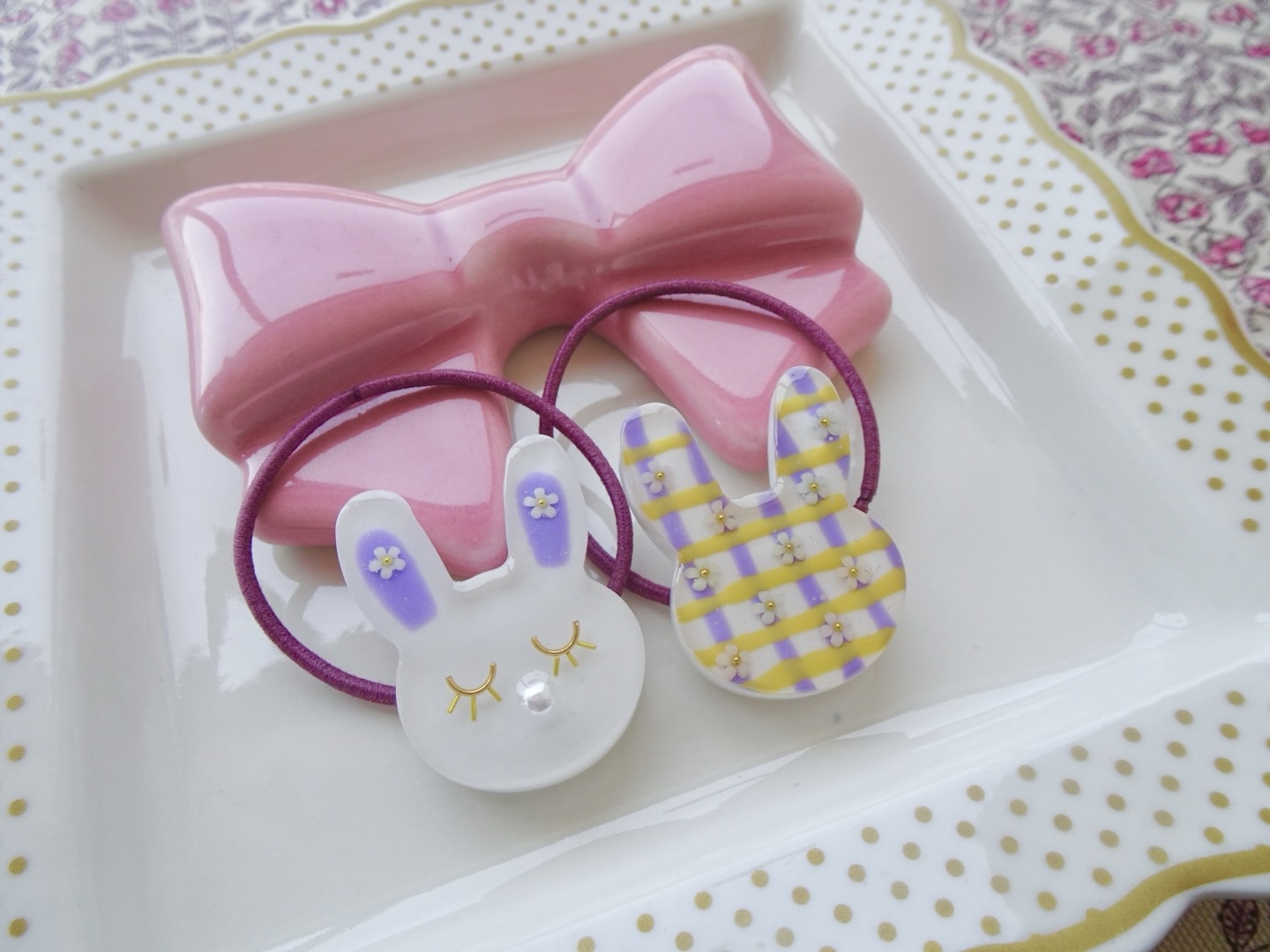 キッズ レジン sleeping rabbit うさぎ ヘアゴム 2本セット lilac