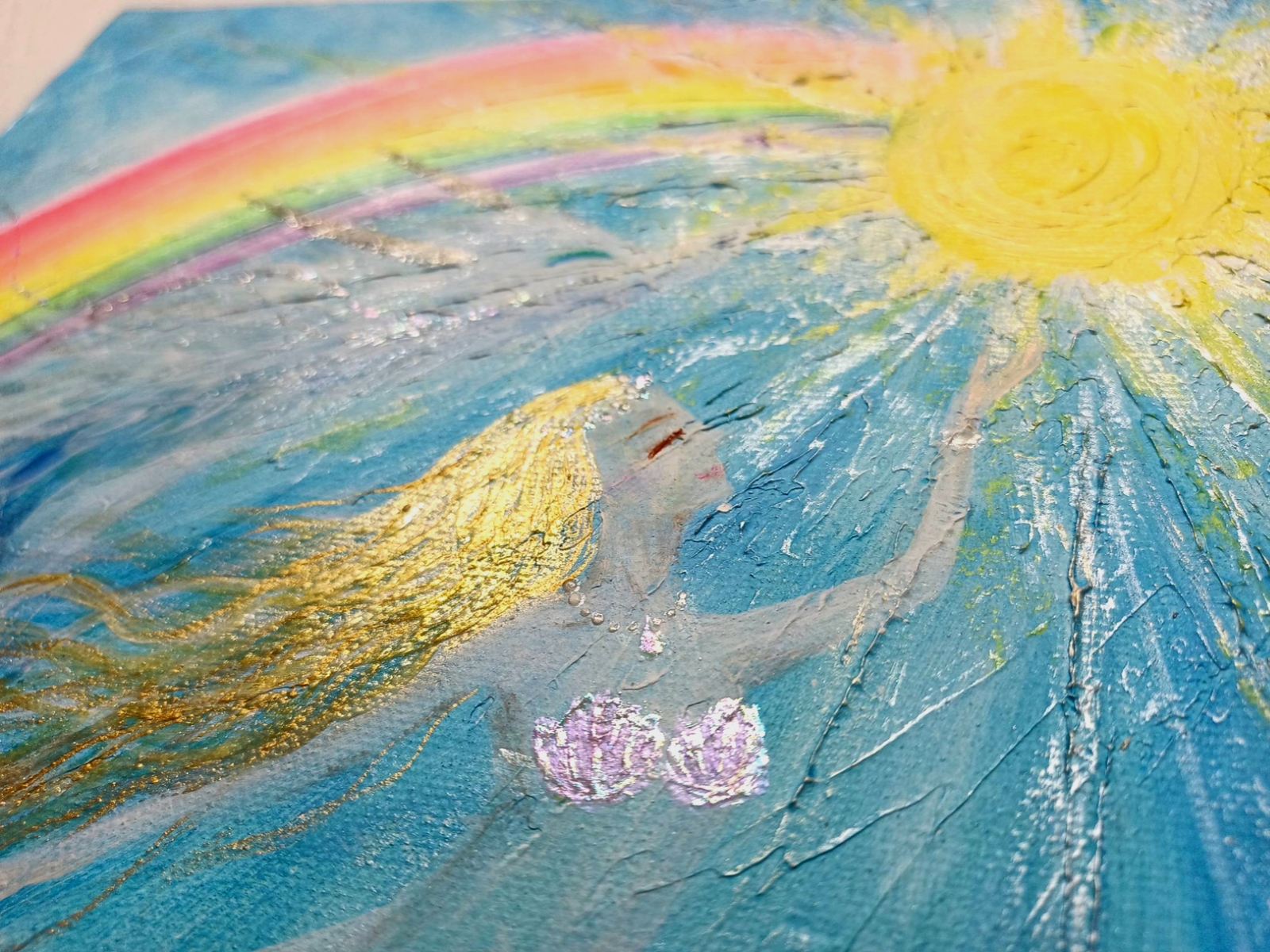 風水　光をつかむ人魚と白龍の奇跡の絵　虹と太陽が導く　スピリチュアルアート　開運 開運風水アート】希望の光 光をもたらす龍と人魚＊虹と太陽の