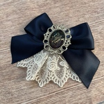 かに座　星座ガラスカメオ風ジャボ付きサテンリボン 選べるブローチヘアクリップ 青紺ネイビー 白レース 銀シルバー　かに座、蟹座、Cnc	、Cancer