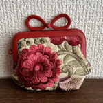 がま口ぺったんこミニミニポーチ　インド刺繍リボン　レッドきなり【G-107】