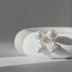 小花パールとラウンドパールのピアス/イヤリング　耳飾り　| フラワーパール　クローバーパール　淡水パール