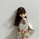 リカちゃん　紅いお花が素敵な浴衣とアイボリーの帯のセット　巾着付き