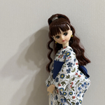 セール！リカちゃん　リバティプリント　ネイビー花柄の浴衣と帯のセット　巾着付き