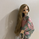 リカちゃん　リバティプリント　大人ピンクな花柄の浴衣とくすみピンクの帯のセット　巾着付き