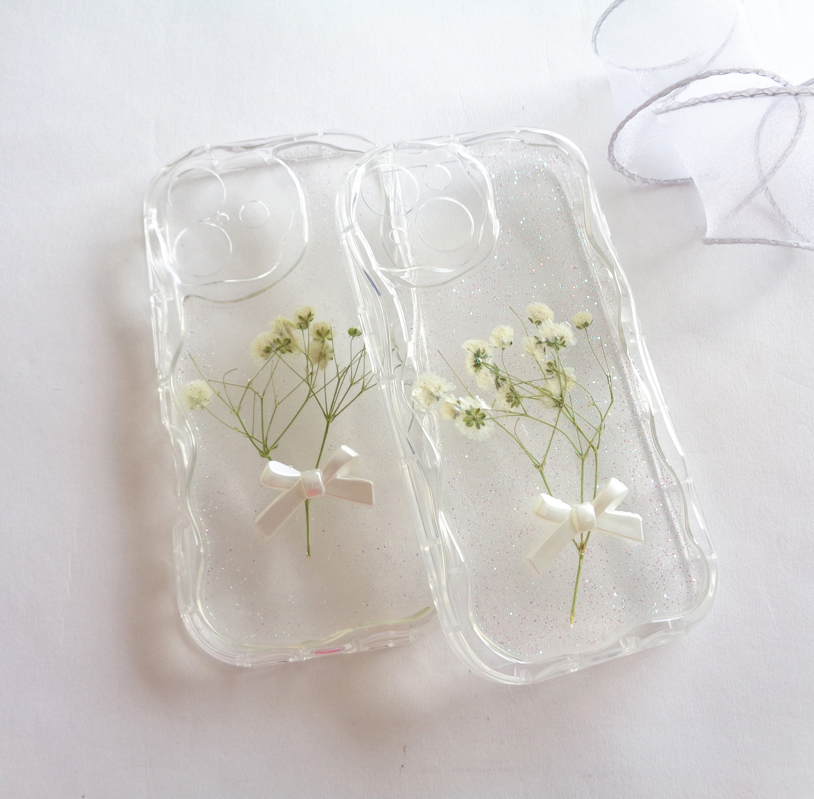 かすみ草押し花＆リボン♥iphoneケース 挟めるインナーステッカー付き 
