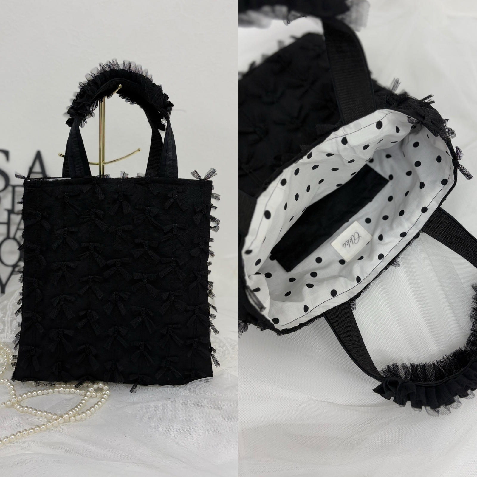 【Jane】フラット　トートバッグ　リボン　チュール　ドット
