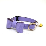 ライラック　おしゃれなレザーリボン首輪　セーフティ　名前入れ　ラベンダー　本革　猫