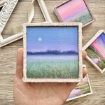 「 月が呼んでる 」絵画　油絵　ミニチュア油絵・原画・絵画・アート・空・ピンク・ミニチュア