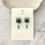 水引 ピアス イヤリング【猫とドロップビーズ】緑猫×アクアマリンブルー