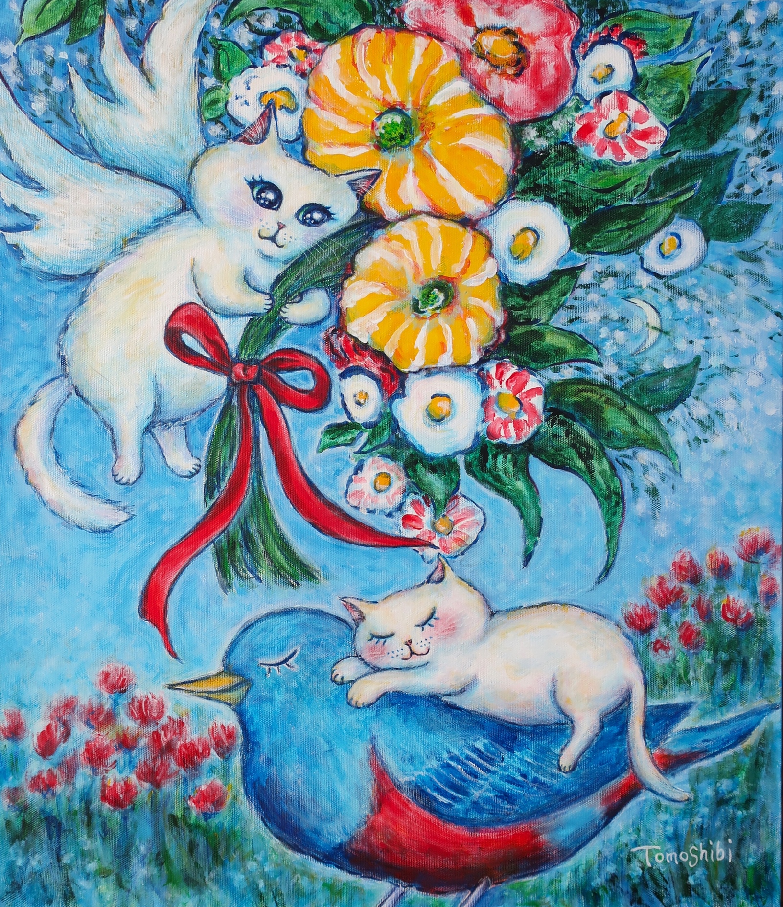 原画 「子猫と蝶 - 幸せな草原」 F6キャンバス（額付 / ゴールド