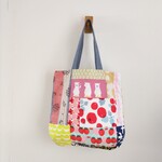 北欧風　　ランダムパッチ　ぷっくりタック　縦長トートBAG　肩掛け　綿麻　ブルー