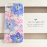 デルフィニウムと千鳥草の押し花 スマホケース