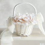 リボンが選べる　リングガール　くすみピンク　かご　花かご　結婚式　リングピロー　造花　プリザーブドフラワー　かすみ草