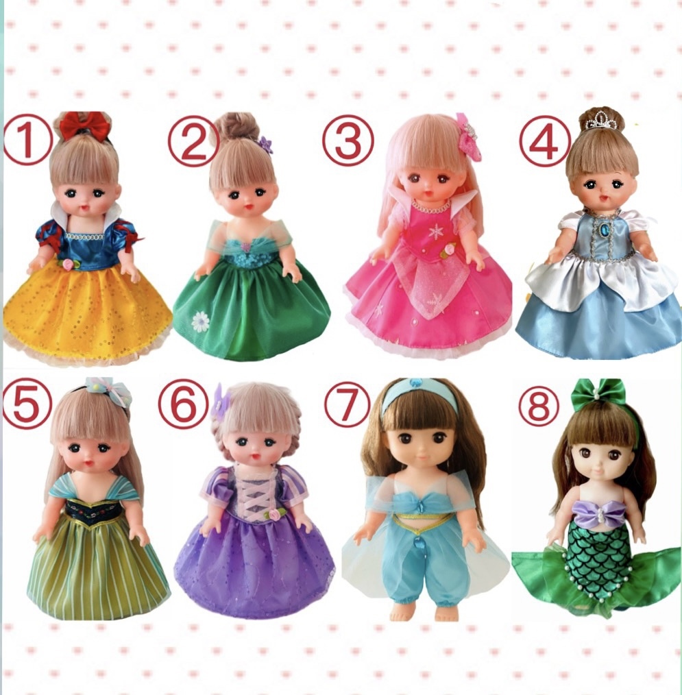 メルちゃん用服　ソランちゃん服　プリンセスドレス8着セット水色靴１点 メルちゃん服と通用サイズ ソランちゃん服 レミンちゃんなど
