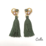 【再販】タッセル ビジュー ピアス（イヤリング）カーキ