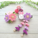 🐰ウサギとお花のクリップセット*薄紫赤紫ピンク（玉かんざし付き）　七五三髪飾り・浴衣髪飾り・卒園式・卒業式・着物・お正月　つまみ細工　うさぎ