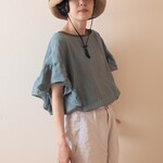 再販　LINEN フリルチュニック *サックス*　size FREE